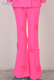 Fashion Women's Three-dimensional Decoration Blazer High Waist Straight Solid Pink Pant Sets 2023 Spring New Tide