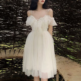 Philosophy Lolita Style Mesh Ruffles Slash Neck Off Shoulder Lace Up Women Summer White Dress Spaghetti Strap