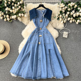 Large-Cuffless Vest Dress Women's Heart-Cuffed Long Retro Denim Dress