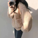 Hooded Ladies Plus Velvet Thick Coat All-match Jacket Pure Yellow Sweet and Cute Autumn and Winter Lamb Wool Loose Coat