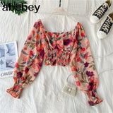 Wooden Ear Print Blouse Holiday Beach Style Slim Fit Pleat Blusas Square Collar Off Shoulder Chiffon Shirt