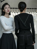 Women Black Line Split Joint Temperament T-shirt New Round Neck Long Sleeve Fashion Tide Spring Autumn 2023