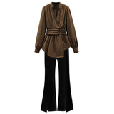 Summer New Elegant Women's Pants Set Fashion Velvet Chiffon Top Wide Leg Trousers Two-piece Set Female Tracksuit