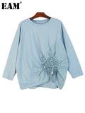 Women Spliced Pleated Loose Fit T-shirt New Round Neck Long Sleeve Fashion Tide All-match Spring Autumn 2023