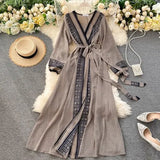 Fashion Women Chiffon Dress Ladies Printed Lace-up Waistband Long Sleeved Sashes Waist Slim Style Swing Long A-line