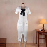 Small Fragrant Temperament V-Neck Bow Bow With Beads Button Opening Knitted