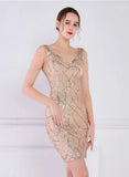 Modest V-neck Sleeveless Sequined Mini Slit Club