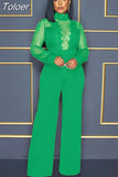 Fashion Mesh Sequin One Piece Jumpsuit Women Turtleneck Lantern Long Sleeve Romper Luxury High Waist Wide Leg Body