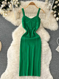 Women Summer Knitted Dress Squre Neck Sleeveless Backless Sheath Sundress Streetwear Ladies Sexy Party Long