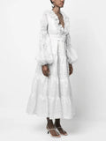 Elegant Long Dresses For Women V Neck Puff Long Sleeve Patchwork Lace Temperament Maxi Female 2023 Spring Fashion
