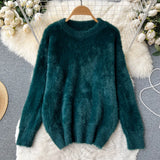 Plush Sweater Women Loose Gentle Long Sleeve Fashion O Neck Korean Top 2022 Winter Solid Streetwear Knitted