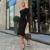 Toloer Women's Wear 2023 Fashion Sexy Inclined Shoulder Show Thin Bag Hip Split Dress Wool Patchwork Hem Dress-Outfit