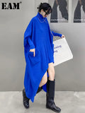 Women Blue Irregular Big Size Knitting Dress New Turtleneck Long Sleeve Loose Fit Fashion Tide Autumn Winter 2022