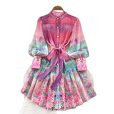 Spring Dress Women's New Dress Elegant Collar Lantern Sleeves To Close The Waist Print Lotus Leaf Side