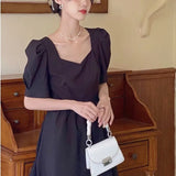 Summer Solid Vintage Dress Women Short-sleeved Backless Elegant Cute Kawaii Dresses Sexy Ladies Party Holiday Green