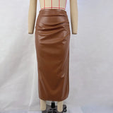 Toloer Women's 2024 New Solid Color PU High Waist Pleated Slit Skirt Women's Skirt-Outfit