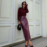 Toloer 2024 New Fashion Sexy High Leather Skirt High Waist Slim Slit Wrap Hip Skirt-Outfit