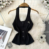 Design Feeling Hanging Neck Dew Single Buckle Slim Thin Knit Vest Women Wear Gas Bottom