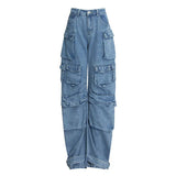 Toloer Spring And Autumn New Fashion Smoke Gray Splicing Multi-Pocket Cargo Pants Street Water To Make Old Long Wide-Leg Pants-Outfit