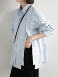 Women Blue Hem Slit Big Size Irregular Blouse New Lapel Long Sleeve Loose Fit Shirt Fashion Spring Autumn 2023