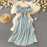 Women Chiffon French Style Dress Summer 2022 Slash Neck Vacation Elastic Waist Elegant Party Slim A Line Long