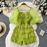 Pleated Design Splice Ruffled Jumpsuit Women Mesh Solid Square Neck Backless Zipper Ladies Chiffon Casual