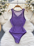 Sexy Mesh Women Bodysuits Casual Hollow Out Sleeveless Sheath 2022 Ladies Underwear Fashion Summer Solid