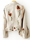 VAREY LIN 2022 New Women Retro Floral Print Embroidery Punk Faux Soft Leather Jacket Coat Pu Moto Biker Black Rivet