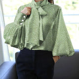 2022 Fashion Bow Tie Elegant Top Women Lantern Sleeve Printed Blouse Elegant Ladies Shirt High Collor Casual Party