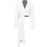 2023 New Spring Autumn V-collar Long Sleeve White Button Belt Spliced Irregular Jacket Women Coat Fashion Tide