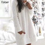Plush Loose Women's Dress 2021 Autumn Fashion Long Sleeves Casual Round Neck Cotton-Blend White Mini Dresses For