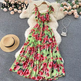 Elegant Women Floral Print Summer Dress Sexy Spaghetti Strap 2022 Sleeveless Backless Maxi Long Beach Holiday