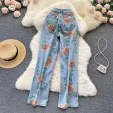 Women Summer Long Jeans Pants Floral Print 2022 Harajuku Zipper Button Packet Ladies Fashion Romantic Sweet
