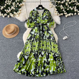 Summer Dress New Niche Light Familiar Wind V To Receive Waist Thin Temperament French Pressure Folding Printing Chiffon