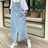 Dresses Women Denim Blue Casual Pockets Loose High Waist Slit Calf Length Vestidos All-match Students Harajuku