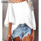 Women's T-Shirt Cold Shoulder Bell Sleeve Top Sexy Hollow Slash Neck Short Sleeve Shirt Elegant White Black Daily Female