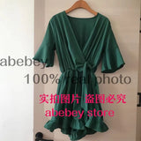 Women Rompers casual wide leg pants overalls short sleeve v neck solid playsuits summer beach chiffon ruffle