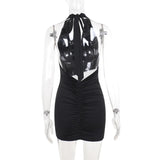 Black Halter Neck Patchwork Sequin Mesh Mini Dress-Outfit