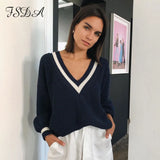 V Neck Loose Women Sweater Autumn Winter White Long Seelve Jumper Patchwork Oversized Pullover Knitted Casual