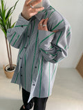 Women Green Striped Slit Big Size Blouse New Lapel Long Sleeve Loose Fit Shirt Fashion Tide Spring Autumn 2023