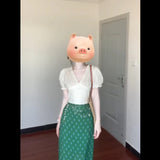 View Of The Unique Beautiful V-Neck Bubble Sleeve Shirt For Women's Summer New Green Floral Skirt
