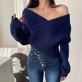 Party Sannian Korean Autumn And Winter Women's Sweater V-neck Cross-shoulder Loose Long-sleeved Knitted Sweater Female Clothes