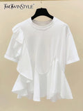 White Ruffle Trim T Shirt For Women Round Neck Short Sleeve Loose Solid Minimalist T Shirts Female Fashion