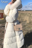 Women 90% White Duck Down Coat Long Fur Hooded Rhombus Pattern Parka Argyle Long Plaid Bubble Jacket Snow