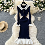 New Retro Bumpy Dolls To Receive Waist Knitted Dress Female Elastic Temperament Lotus Leafy
