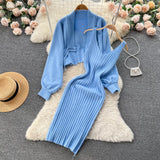Fashion Vintage Sweater Two Pieces Sets Women Knit Cardigan+Midi Camis Dress Autumn Streetwear Loose Knitted