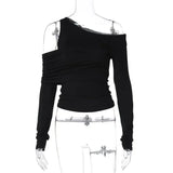 Black Asymmetrical Cut Out Off Shoulder Long Sleeve Top-Outfit