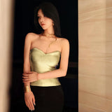 Toloer Women's Wear 2024 Winter New Solid Color Casual Chest Exposed Navel Sleeveless Gold Slim Vest Jacket-Outfit