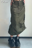 Long Cargo Skirt Women Y2k Streetwear Vintage Pocket High Waist Side Split Shirring Casual Straight Midi Skirt