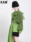 Women Green Ruffles Irregular Big Size Blouse New Lapel Long Sleeve Loose Fit Shirt Fashion Tide Spring Autumn 2023
